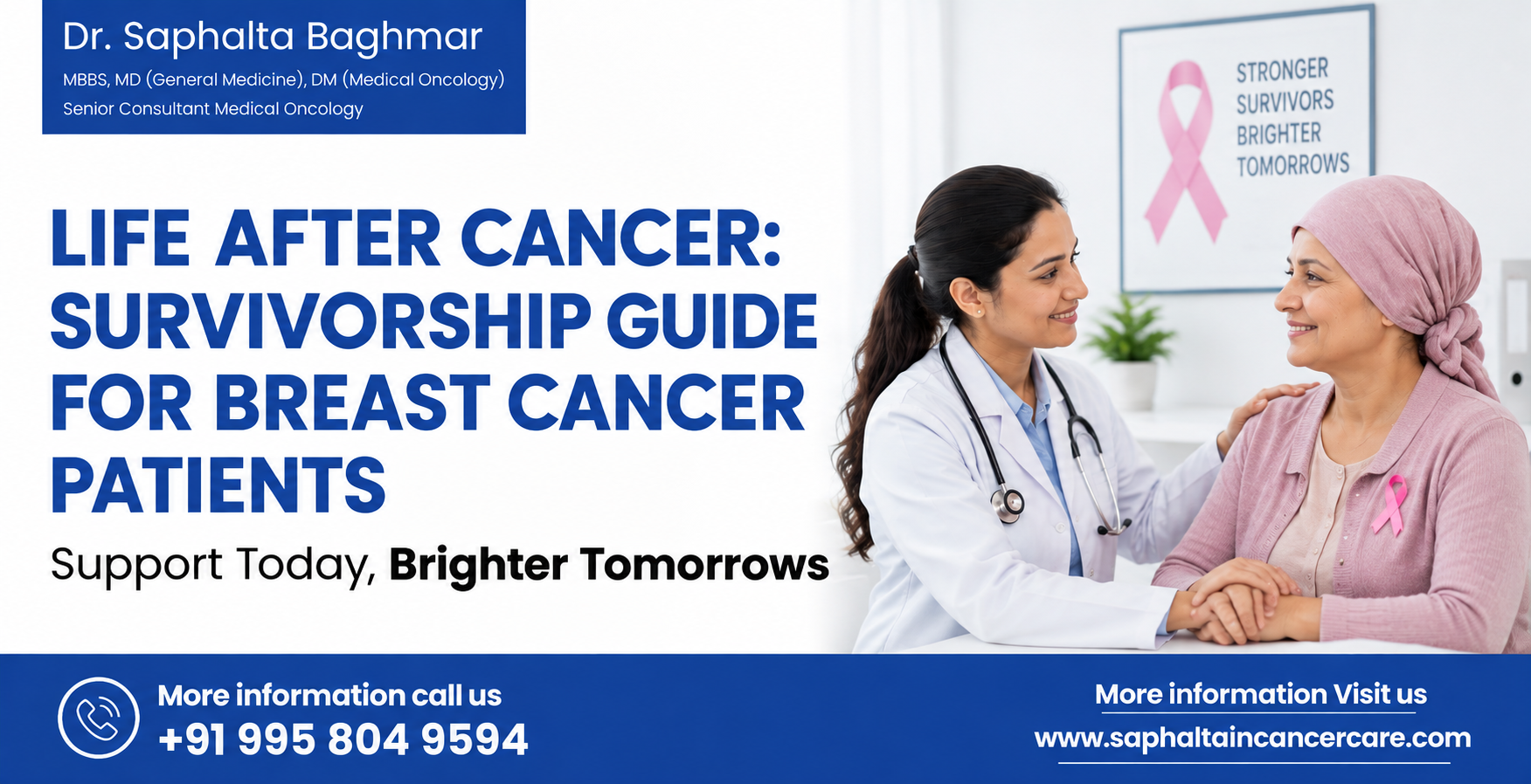 Compassionate breast cancer survivorship consultation - Dr. Saphalta Baghmar supporting cancer survivor in recovery and follow-up care with pink ribbon awareness symbol in background.
